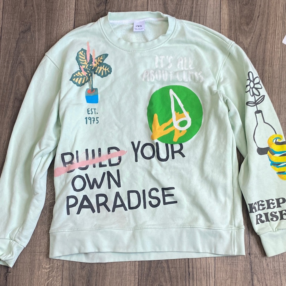Zara women’s Crewneck Sweater - Light Green with Graphic Print size M